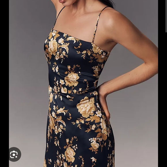 Reformation Black Midi Slip Dress with Gold Floral Print - Picture 3 of 4